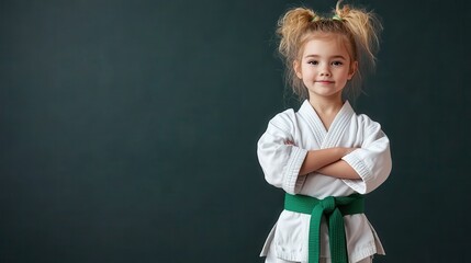 A young girl exudes confidence in her martial arts uniform with a green belt, arms crossed, demonstrating her commitment to the discipline and training in martial arts.