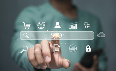 Businessman for SEO Search Engine Marketing, SEO Search engine optimization, Marketing ranking traffic website internet, Business technology, marketing concept.