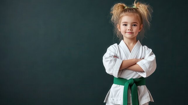 A young girl exudes confidence in her martial arts uniform with a green belt, arms crossed, demonstrating her commitment to the discipline and training in martial arts.