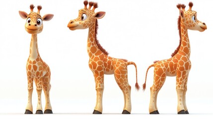 Obraz premium A cute cartoon giraffe standing on a white background. The giraffe is looking to the left, with its head tilted and its eyes wide open. The giraffe is brown and yellow with dark hooves.