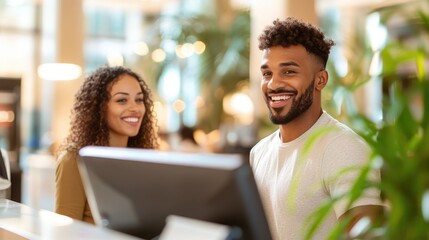 Two overjoyed team members working efficiently together on a computer in a bright and modern office setting, symbolizing productivity and cooperation.