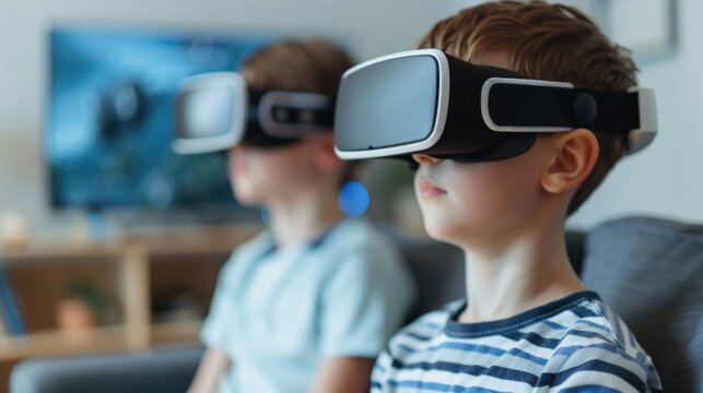 Father and son enjoying time together as they explore and experience the captivating world of virtual reality games using cutting edge VR headsets in a modern technology infused setting