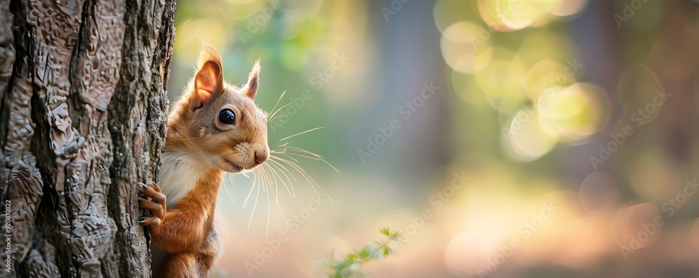 Poster red squirrel peeking around a tree trunk in a forest