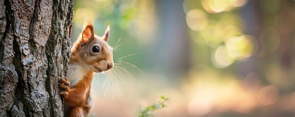 Red Squirrel Peeking Around a Tree Trunk in a Forest