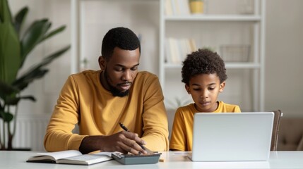 Fototapeta premium Loving Father Guiding His Young Son in Budgeting and Financial Management Lessons Using Notebook and Calculator in a Comfortable Home Office Setting