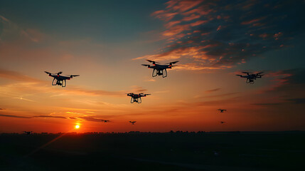 Quadcopter Silhouettes Against a Sunset Sky: A Fusion of Technology and Nature in Stark Contrast