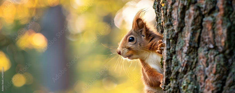 Poster red squirrel peeking from behind a tree trunk