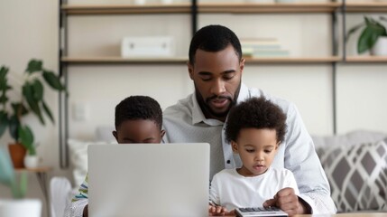 Fototapeta premium Caring Father Teaching His Young Son Important Life Skills Like Budgeting and Financial Literacy Using Notebook and Calculator in Warm Cozy Home Setting