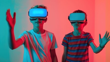 Young father and his son immersed in playing virtual reality games using advanced VR headsets to experience an engaging and futuristic digital adventure together
