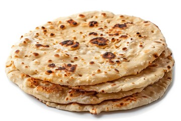 Naan bread isolated on white background. Stack of Indian flatbread, kulcha, tortilla, roti,  cut-out, png, cutout, clipping path