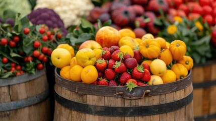 Vibrant Fruit Harvest Festival with Colorful Displays and Community A scene of a bountiful fruit and vegetable harvest festival