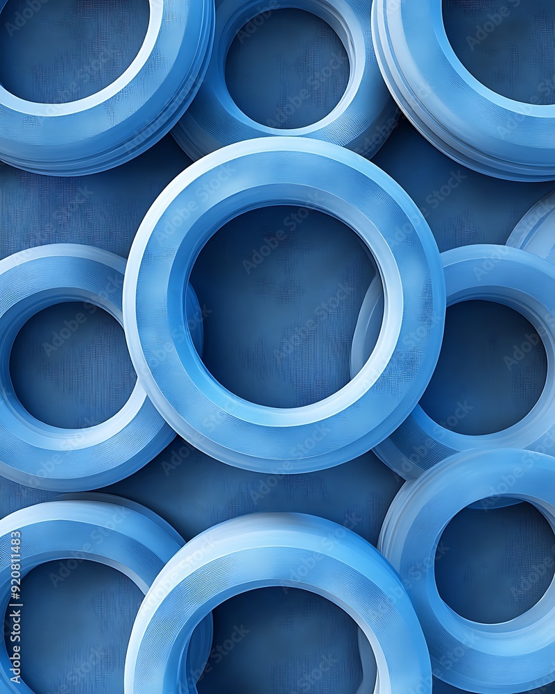 Poster Seamless 3D Chambray Blue Interlocking Circular Patterns with Soft Shadows