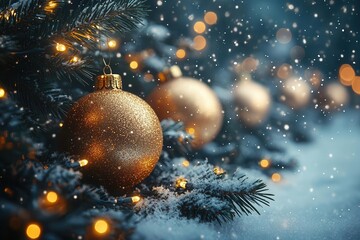 festive winter wonderland banner twinkling fairy lights entwined with evergreen branches shimmering ornaments and ribbons bokeh snow effect