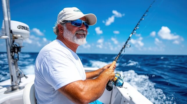 A man is intensely focused while fishing on a boat in the middle of the ocean, surrounded by a clear blue sky and waves, creating a peaceful and serene atmosphere.