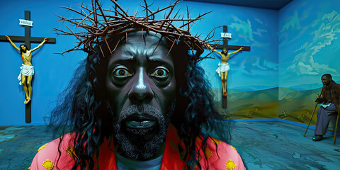 Portrait of black Jesus Christ with crown of thorns on his head. Photorealistic portrait. Close-up