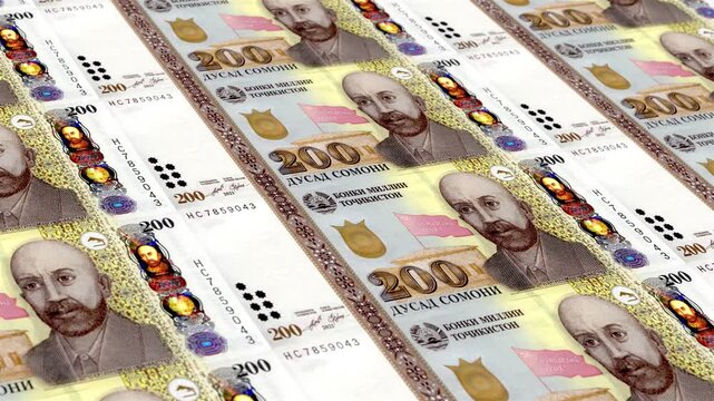 Tajikistan Tajikistani Somoni 200 Banknotes Money Printing House, Printing Two Hundred Tajikistani Somoni, Printing Press Machine Print out Tajikistani Somoni, Being printed by currency press machine