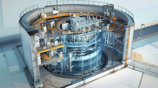 A detailed cutaway of a boiling water reactor, highlighting the boiling process inside the reactor vessel, with steam rising to drive turbines, and a control room monitoring the process