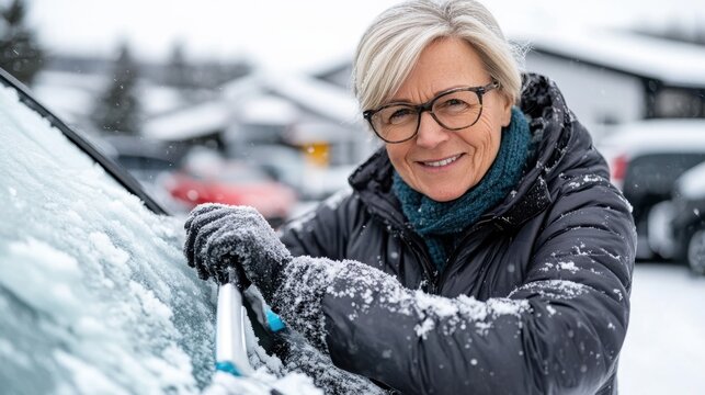 An elderly woman in glasses clears snow from her car windshield while bundled in a dark winter jacket, highlighting perseverance, winter preparedness, and the hands-on lifestyle of seniors.