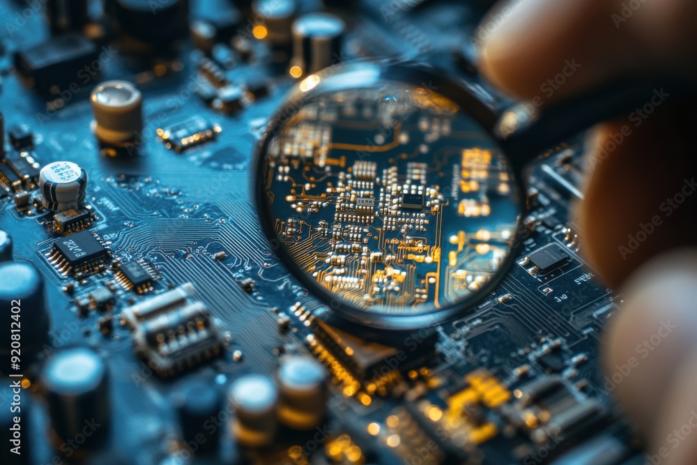 Poster a electric worker using a magnifying glass to inspect a circuit board, ensuring each connection is p