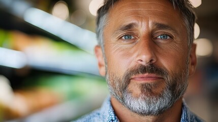 A close-up portrait of a man with blue eyes and a gray beard, standing in a grocery store aisle, exuding a thoughtful expression and providing a glimpse into his daily shopping routine.