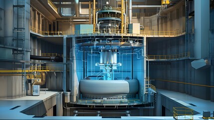 A cross-sectional view of a pressurized water reactor, showing the reactor vessel, control rods, and high-pressure water circulating to prevent boiling, all within a highly secure containment building