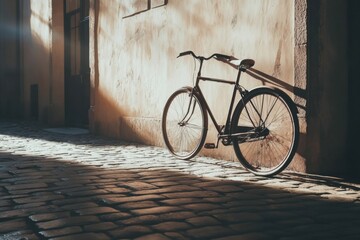 Obraz premium A classic bicycle parked near a cobblestone street, with soft sunlight casting long shadows