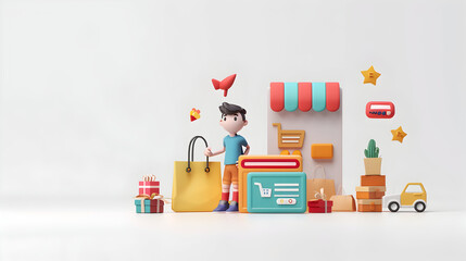 Online Shopping Concept: 3D Flat Icon of Person Using Digital Wallet with Copy Space, Isolated White Background