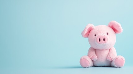 Obraz premium Pink plush pig toy sitting on a light blue background.