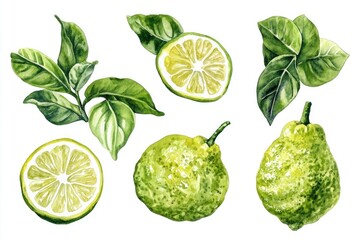 Bergamot Drawing. Watercolor Botanical Illustration of Citrous Fruit on White Background
