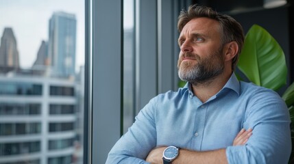 Fototapeta premium A confident business professional stands with arms crossed, looking out of large windows in a modern office building, exuding a sense of leadership and contemplation.