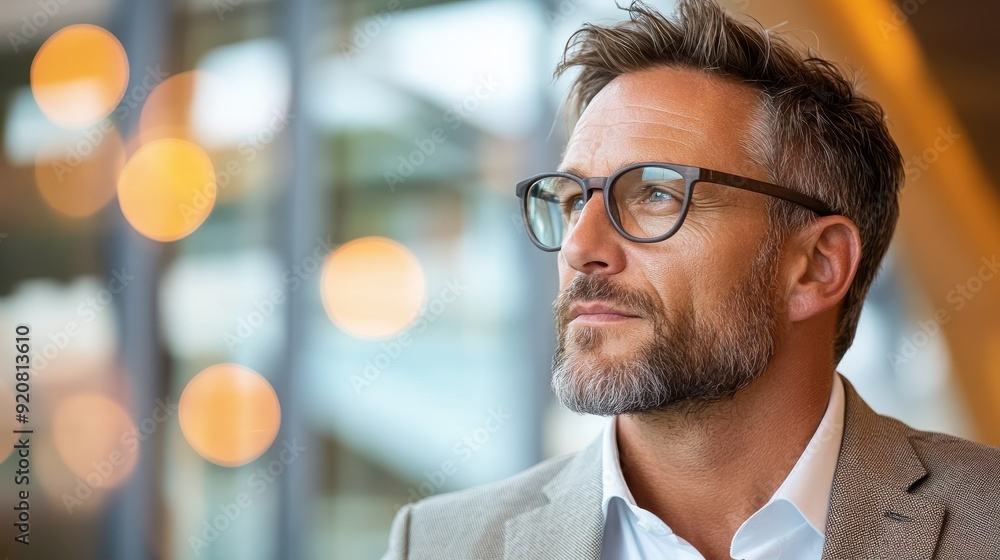 Poster a man dressed in business attire with glasses is shown in a modern, blurred background with illumina
