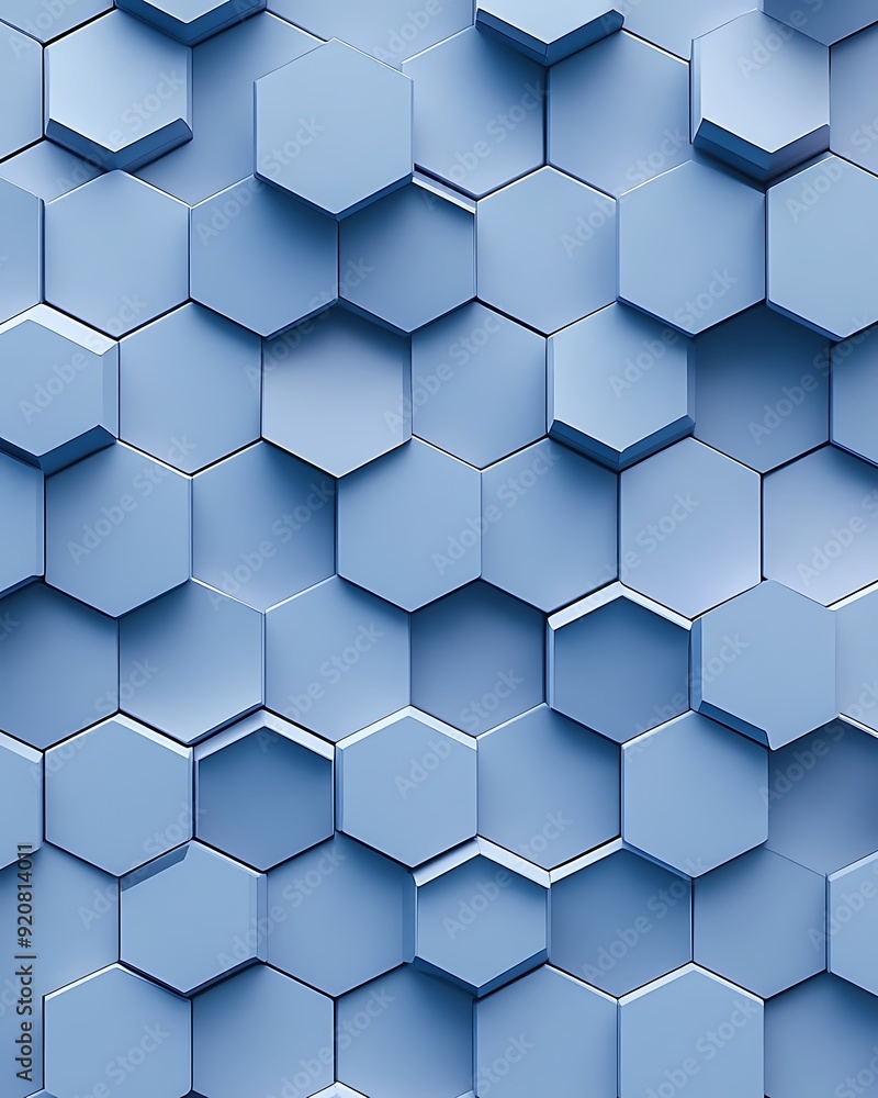 Poster Seamless 3D Chambray Blue Interlocking Hexagons with Dynamic Pattern