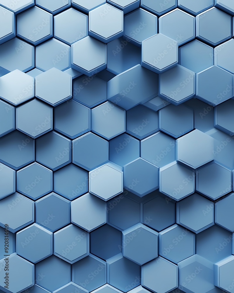 Poster Seamless 3D Chambray Blue Interlocking Hexagons with Dynamic Pattern