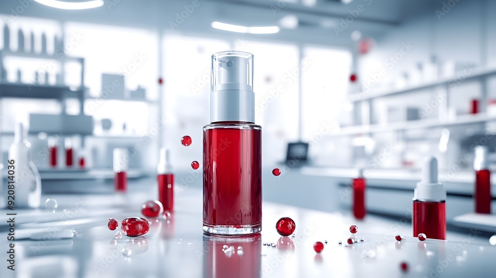 Poster red laboratory glassware with reflective surface and abstract blurred background
