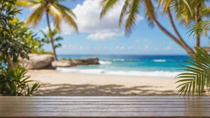Fototapeta premium A stunning scene featuring an empty wooden table in the foreground and a blurred tropical beach view in the background. The serene beach boasts clear blue water and bright sunlight.