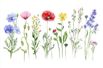 Boho Wild Herbs Illustration. Collection of Detailed Watercolor Meadow Wildflowers for Botanical and Romantic Projects