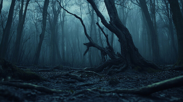A dark and desolate forest with dead trees and broken branches, creating a scary and eerie atmosphere. It could be used for horror-themed projects or Halloween-related content.