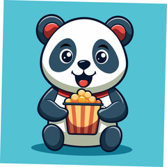 Cute Panda Eating Popcorn Cartoon Vector Icon Illustration. Animal Food Icon Concept Isolated Premium Vector. Flat Cartoon Style
