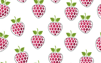 seamless pattern of raspberries, clear appetizing, colorful berries on white background, use for packaging, print, advertising, etc. Vector illustration