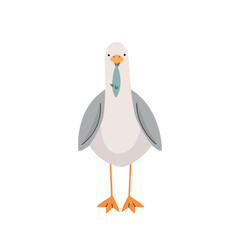 Gray seagull with a fish, character. Vector illustration