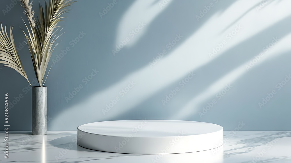 Poster 3d rendering of minimalist product display with chambray blue background