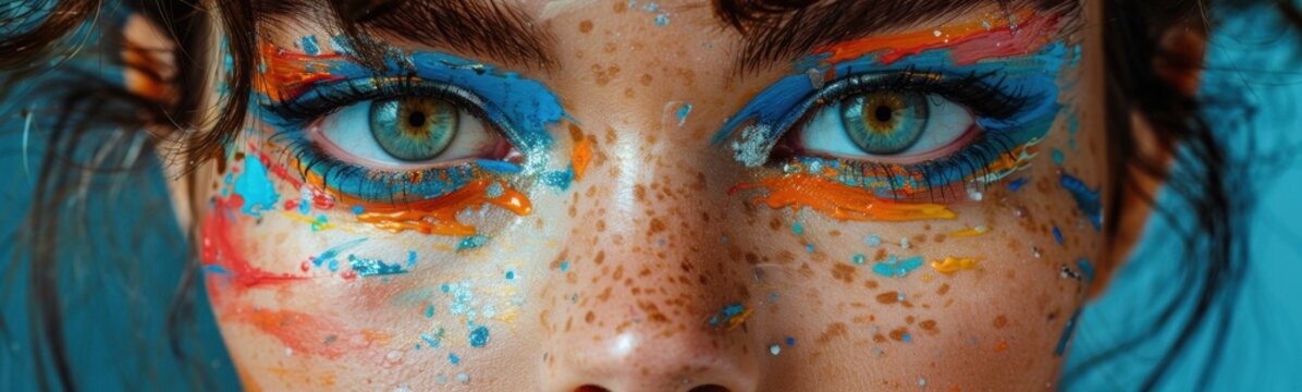 Brightly colored eyes of a woman with freckles and makeup, Portrait, Banner