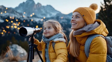 A mother and daughter enjoy a serene evening outdoors, stargazing with a telescope under a clear night sky, capturing a special moment of learning and togetherness.