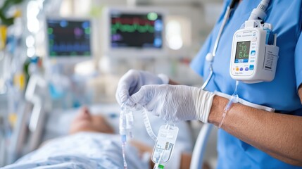 A healthcare professional wearing gloves is providing medical care by adjusting an IV drip for a patient in a hospital, with medical equipment and monitors visible in the background.