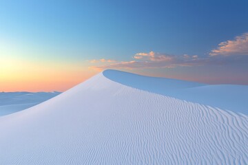 A bright white sand dune contrasted against a deep blue sky at sunset.