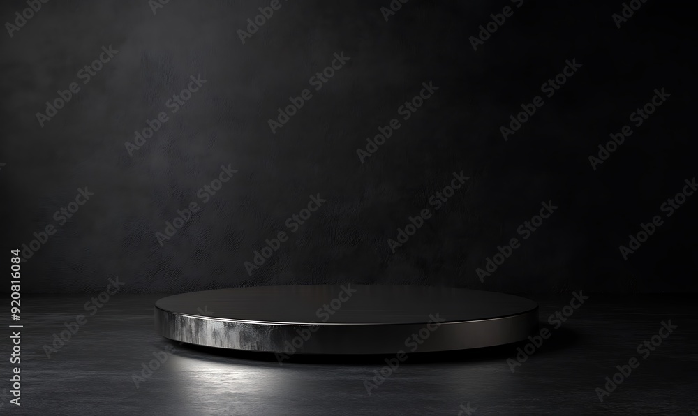 Aufkleber 3d rendering of circular metallic pedestal with high-contrast lighting
