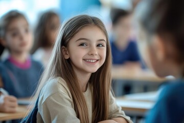 Children Talking To Each Other. Positive Group of Classmates Engaging in Conversation During School Lesson