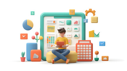 3D Flat Icon: Person Using Mobile App for Tax Calculation on Clean White Background   Taxpayer Filing Taxes Remotely