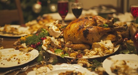 Christmas Leftovers. Uneaten Meals on the Festive Table. Family Dinner Loss. Food and Drink Waste