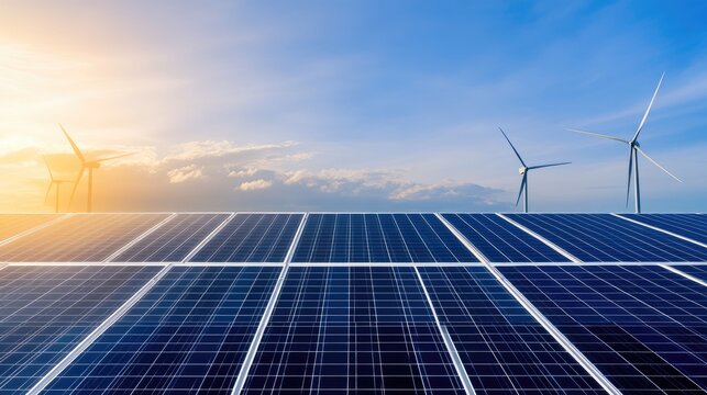 A solar panel farm and wind turbines illuminate under a sunset, highlighting technological advancements in green energy amidst a futuristic cityscape.